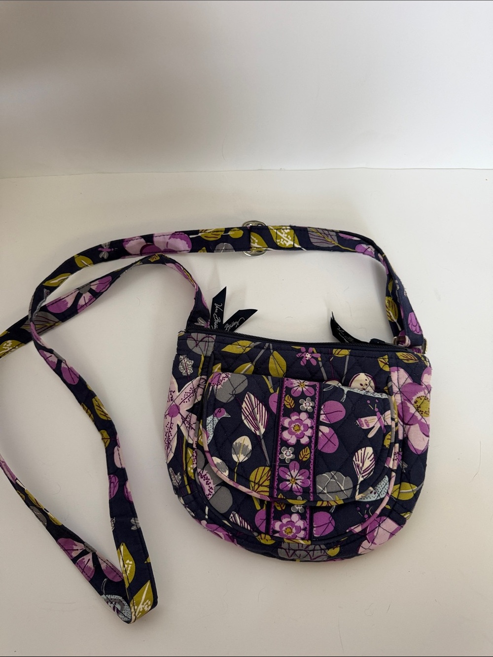 Vera Bradley Floral Nightingale small Quilted Crossbody Bag in Navy & Purple EUC